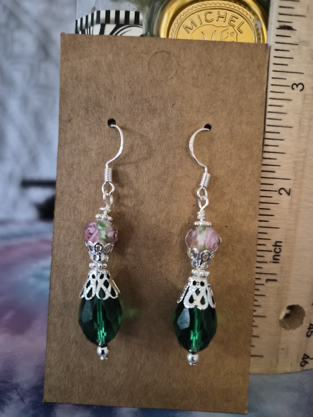 Handmade Green Crystal Drop Earrings with Pink Floral Beads